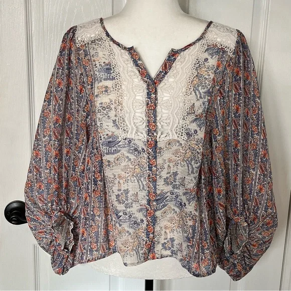 HD in Paris by Anthropologie Chinoiserie Peasant Blouse Top Blouson Sleeve XS - Picture 2 of 11